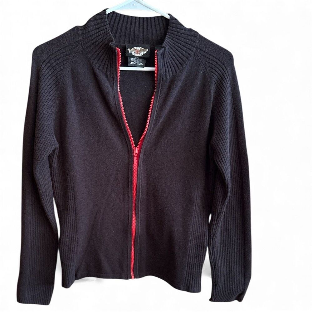 Harley Davidson Women’s Black & Red Ribbed Full Zip Up Sweater Size Medium